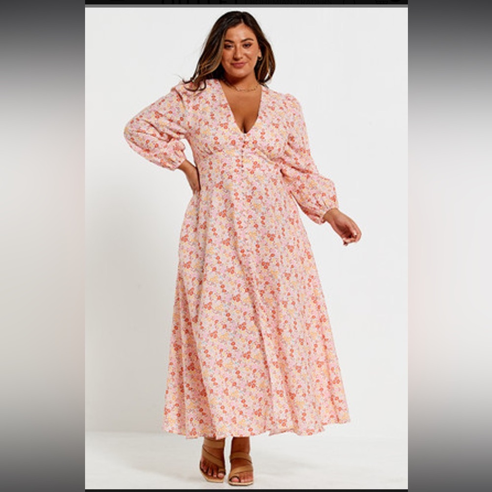 BOHEMIAN TRADERS V Neck Button Down Maxi Dress 3X Ditsy Floral Bell Sleeves